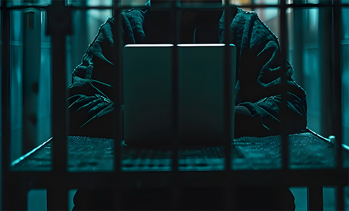 ParaTodosVerem: Imagem mostra uma pessoa sentada atrás de grades, em ambiente escuro, lendo atrás de um laptop sobre a mesa, sugerindo um contexto de prisão ou confinamento.