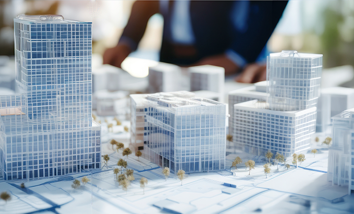 #ParaTodosVerem: Fotografia de uma maquete de um conjunto de edifícios modernos, com fachadas envidraçadas em tons de branco e azul, dispostos sobre uma planta urbanística. Em primeiro plano, destacam-se prédios de diferentes alturas, ruas e pequenas árvores em miniatura. Ao fundo, desfocada, aparece uma pessoa inclinada sobre a mesa, observando o projeto. A iluminação clara e o desfoque de fundo conferem profundidade e remetem ao ambiente de um escritório de arquitetura ou planejamento urbano.