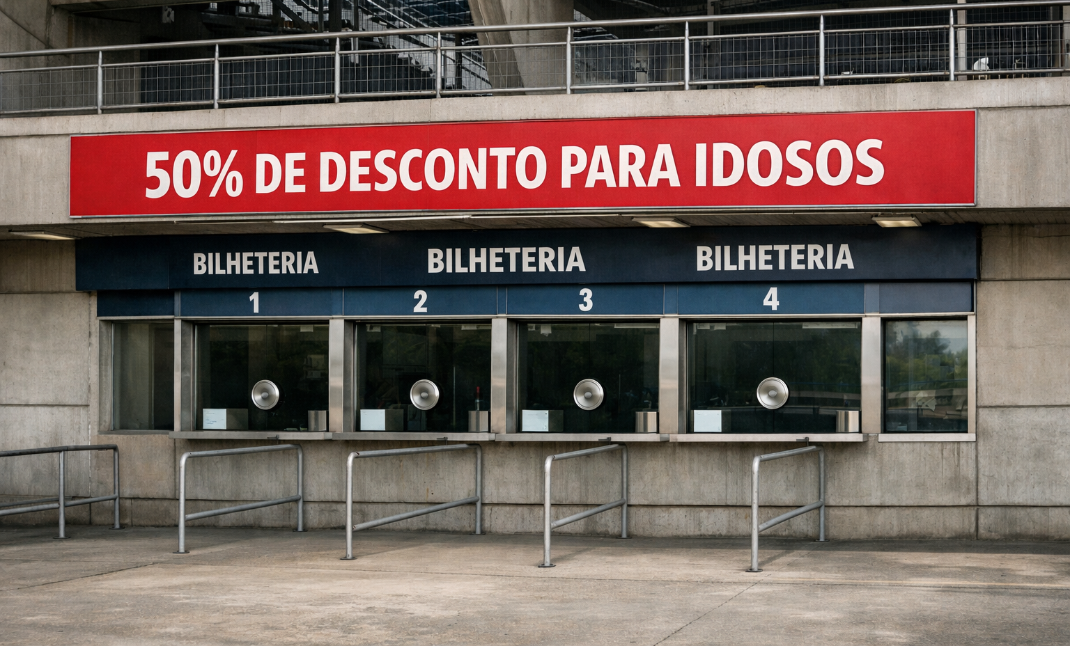 #ParaTodosVerem: Fachada de uma bilheteria com quatro guichês numerados. Acima, uma faixa vermelha traz o texto “50% DE DESCONTO PARA IDOSOS”. As janelas estão fechadas, e não há pessoas no local.
