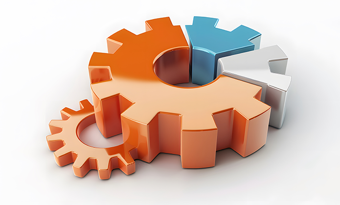 #ParaTodosVerem: Três engrenagens metálicas coloridas — laranja, azul e branca — estão encaixadas entre si, representando integração e funcionamento conjunto. As peças aparecem sobre um fundo branco, com iluminação que destaca suas formas tridimensionais.