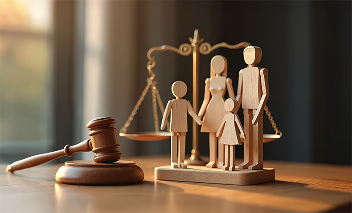 #ParaTodosVerem: A imagem mostra uma cena simbólica do direito de família: sobre uma mesa, há um martelo judicial (malhete), uma balança da Justiça ao fundo e quatro figuras humanas estilizadas em madeira, representando uma família (dois adultos e duas crianças).