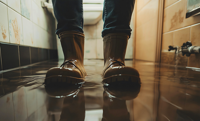 Pés de uma pessoa com botas de borracha em um ambiente alagado, com água cobrindo o piso e refletindo o que tem ao redor. 