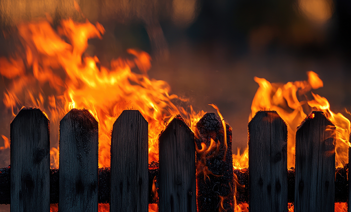 #ParaTodosVerem: A imagem mostra uma cerca de madeira pegando fogo. As chamas estão altas, intensas e se espalham por trás dela, iluminando o cenário com tons vibrantes de laranja, vermelho e amarelo. A madeira da cerca, escura e já parcialmente queimada, contrasta fortemente com o brilho das labaredas. As ripas têm formato arredondado no topo, típico de cercas residenciais ou rurais. O fundo está desfocado, indicando um ambiente externo, possivelmente ao entardecer ou à noite, dado o contraste entre a luz do fogo e a escuridão ao redor. A cena transmite urgência e destruição, podendo evocar simbolicamente temas como conflito, ruptura de limites, ou perigo iminente.