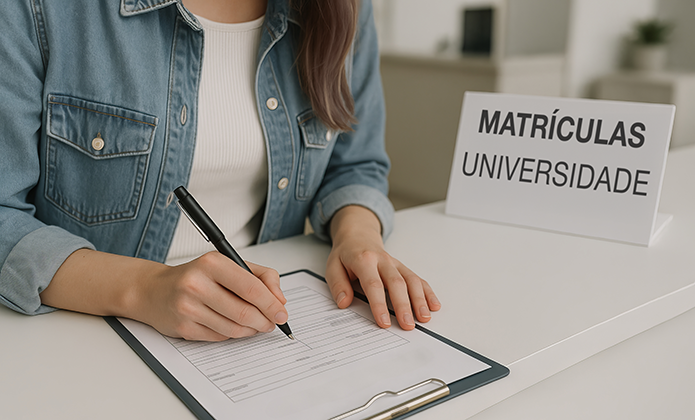#ParaTodosVerem: A imagem mostra uma pessoa sentada a uma mesa preenchendo um formulário com uma caneta preta sobre uma prancheta. Ao lado, há uma placa branca com os dizeres “MATRÍCULAS UNIVERSIDADE”. A pessoa veste uma jaqueta jeans e uma blusa clara. O ambiente parece ser uma recepção ou secretaria acadêmica.