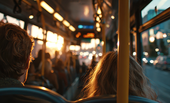 #ParaTodosVerem: Interior de um ônibus ao entardecer, visto de trás. Passageiros estão sentados, com a luz do sol entrando pelas janelas e refletindo nos assentos e nos cabelos de duas pessoas em primeiro plano. A rua e os carros podem ser vistos do lado de fora, sob a luz dourada do fim de tarde.
