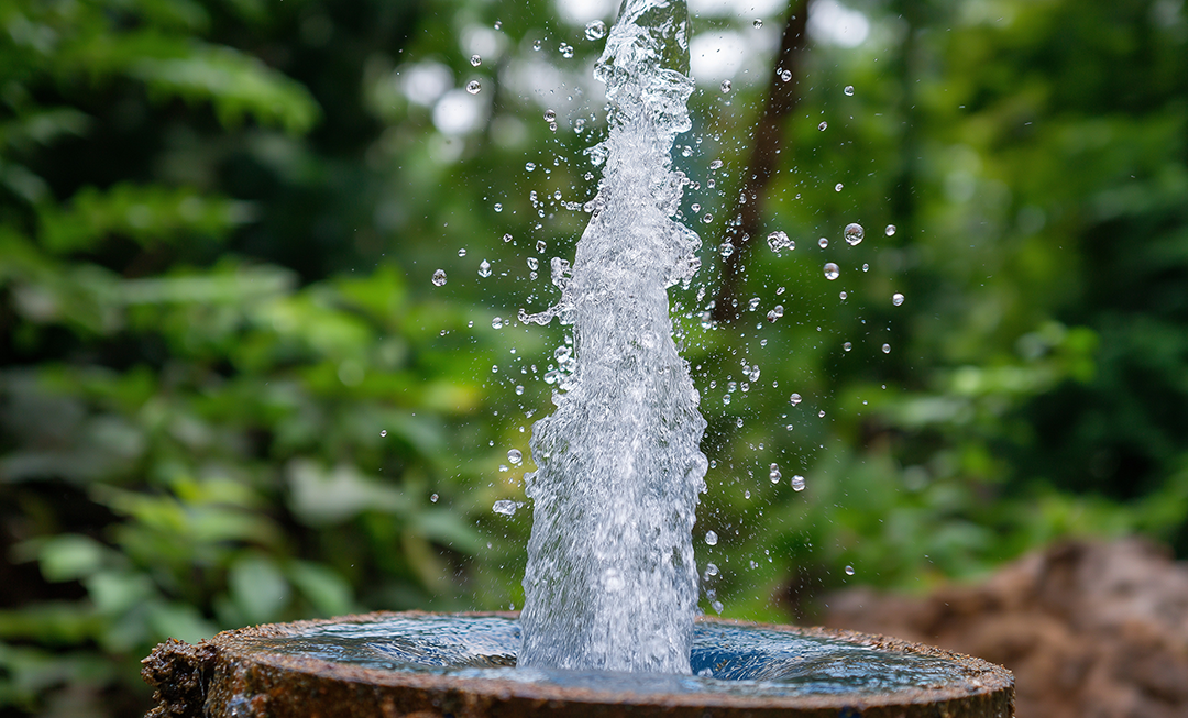 #ParaTodosVerem: Um jato de água transparente sobe verticalmente a partir de uma base circular escura, espalhando pequenas gotas ao redor. Ao fundo, a imagem mostra vegetação verde fora de foco.
