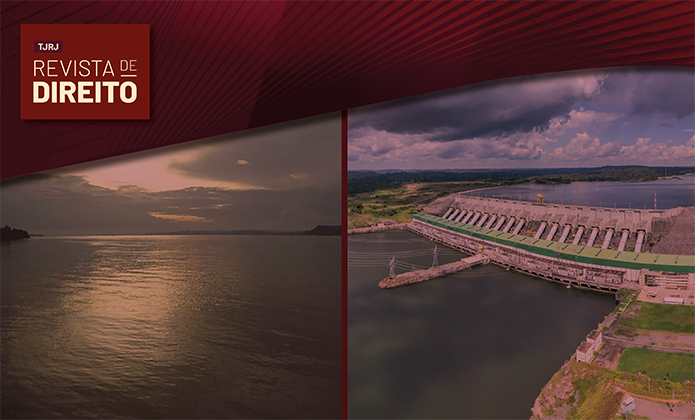 #ParaTodosVerem: Imagem em tom avermelhado, com o título “Revista de Direito”, mostra à esquerda um lago ao entardecer e, à direita, uma usina hidrelétrica vista de cima.