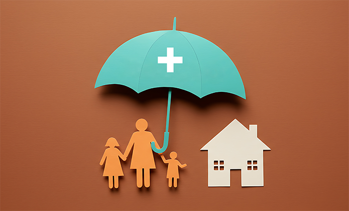 #ParaTodosVerem: Ilustração em tons terrosos mostra uma família formada por três figuras humanas, um adulto e duas crianças, sob um grande guarda-chuva azul com um símbolo de cruz branca no centro, representando proteção à saúde. Ao lado direito há a silhueta de uma casa clara.