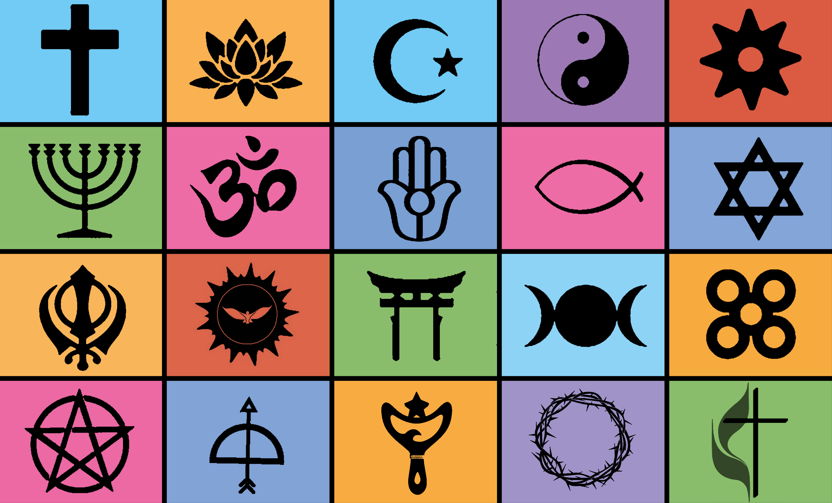 #ParaTodosVerem: Mosaico colorido formado por vários quadrados, cada um com um símbolo religioso ou espiritual em preto, como cruz cristã, flor de lótus, lua crescente, yin-yang, estrela de Davi, Menorá, símbolo Om e outros, representando diferentes tradições religiosas.